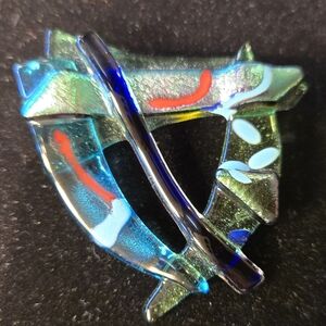 Abstract Teal Blue Triangle Shaped Brooch/Pin with Multicolor Design